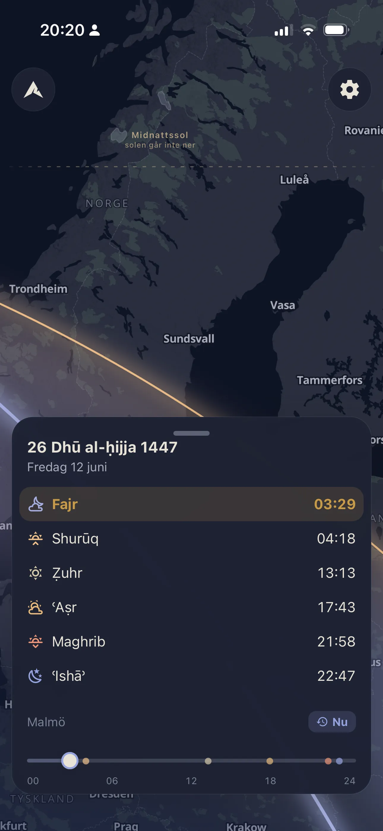 islam.se-appen: dagens bönetider i en lista — Fajr, Shurūq, Ẓuhr, ʿAṣr, Maghrib och ʿIshāʾ — med islamiskt datum.