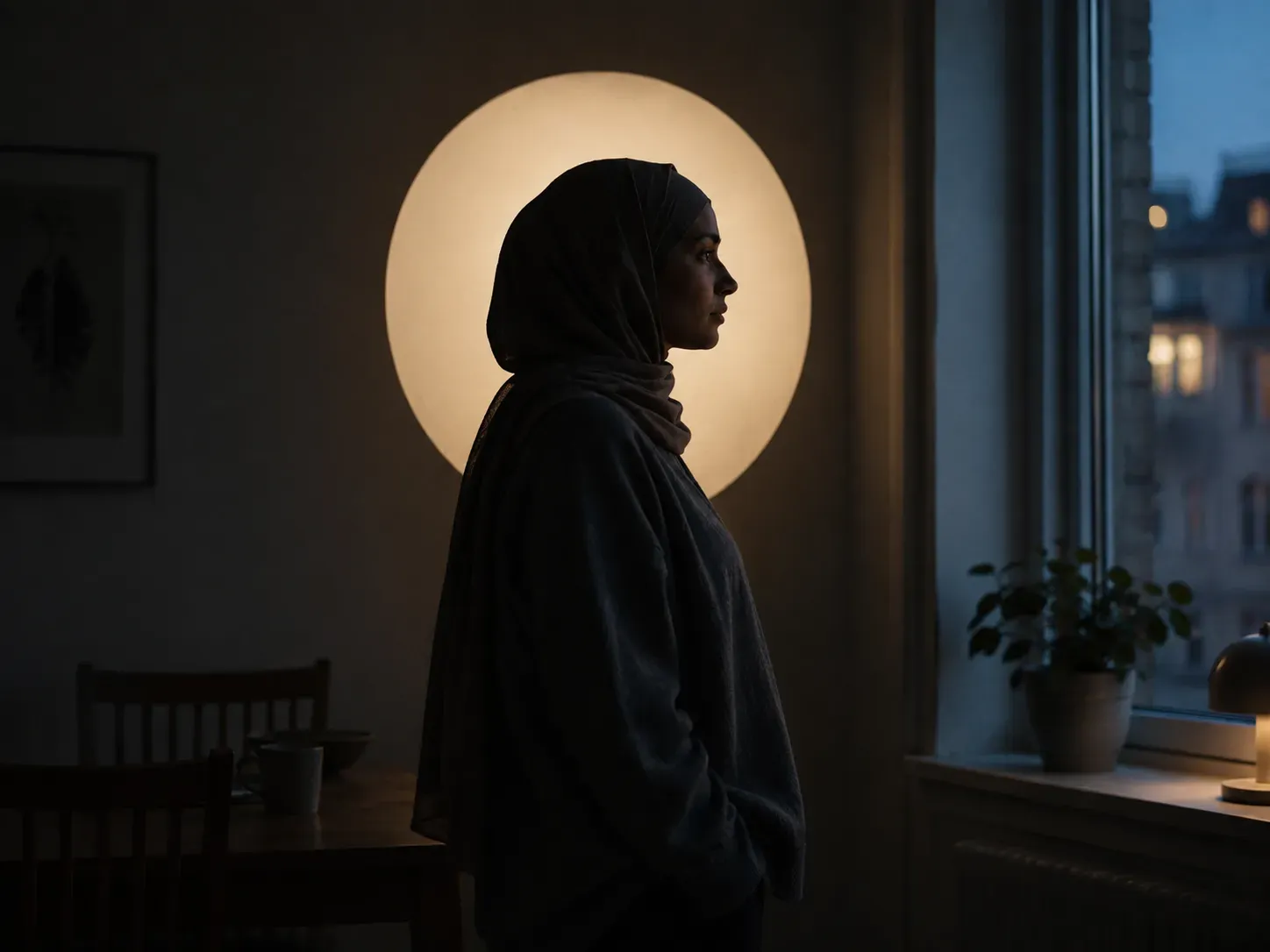 Kvinna i hijab i profil mot en cirkel av varmt ljus på väggen, vid ett fönster i skymningen