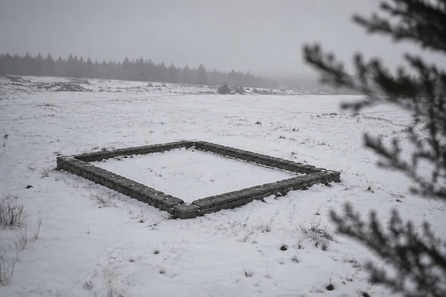 Stengrund efter en riven byggnad i ett snötäckt fält, med ingenting ovanpå.