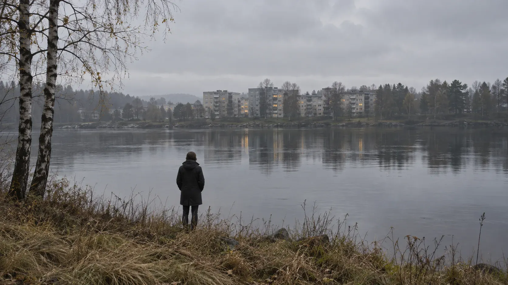 En ensam person i mörk jacka står med ryggen mot kameran vid en bred, stilla flod under en grå septemberhimmel; på andra stranden ligger låga hyreshus i dis, med några tända fönster.